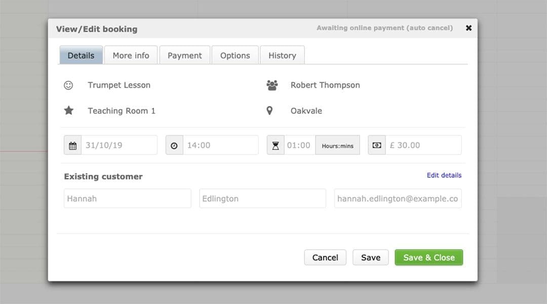Online booking Edit/View dialog